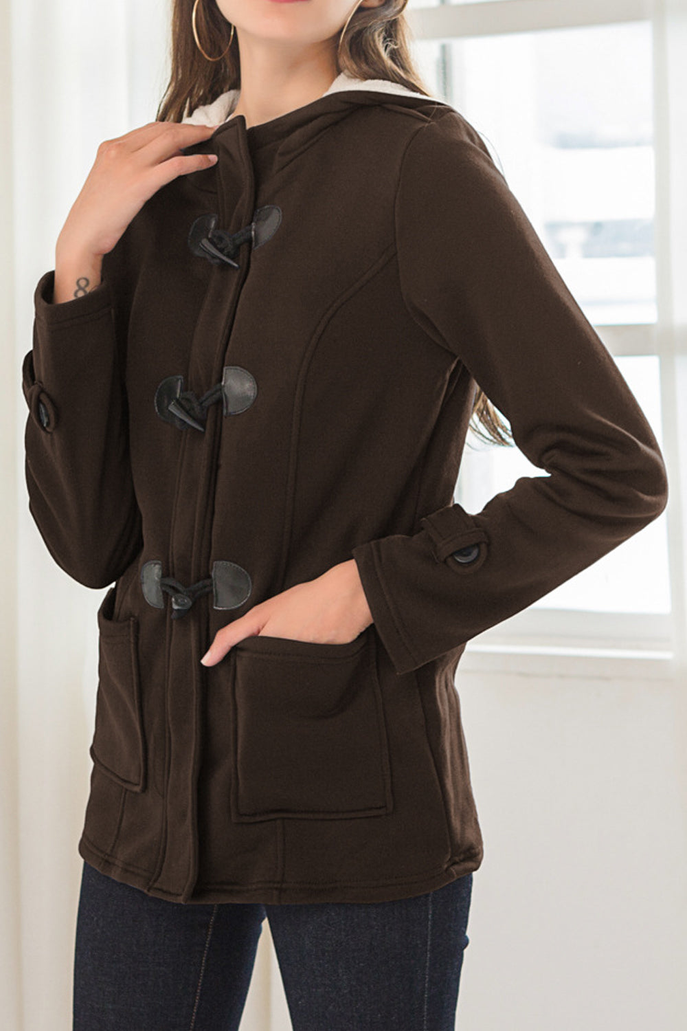Women Warm Long Sleeve Lovely Solid Colored Flap Pockets Hooded Horn Buttons Winter Casual Jacket