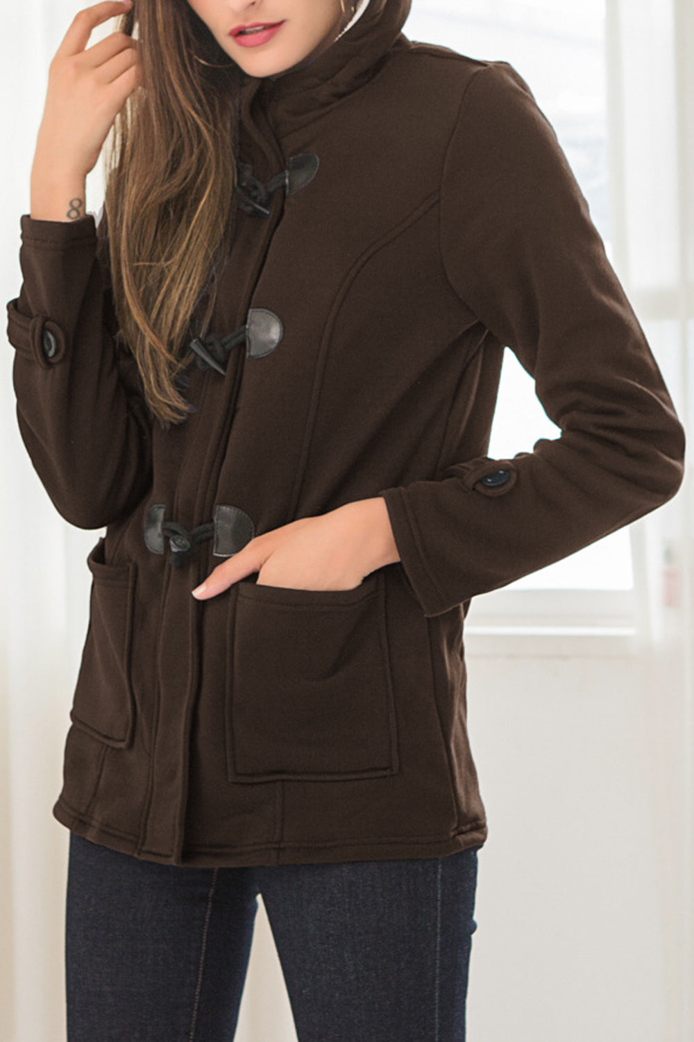 Women Warm Long Sleeve Lovely Solid Colored Flap Pockets Hooded Horn Buttons Winter Casual Jacket