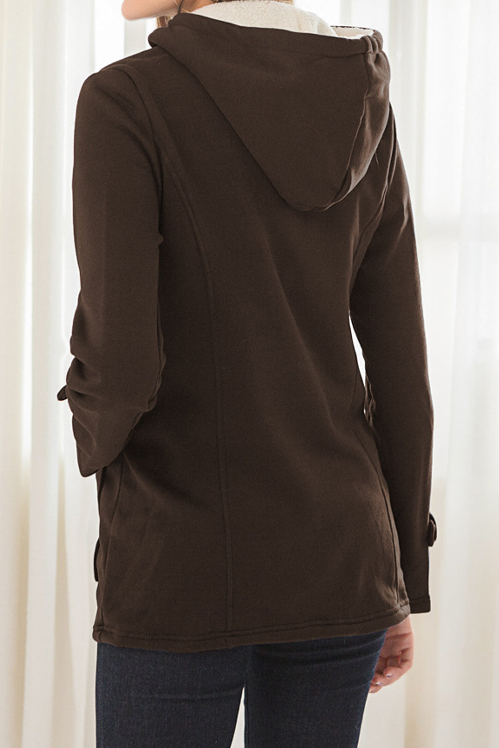 Women Warm Long Sleeve Lovely Solid Colored Flap Pockets Hooded Horn Buttons Winter Casual Jacket