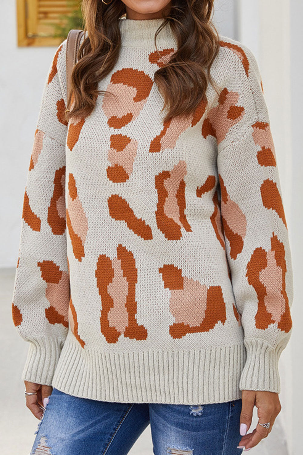 Women Outstanding Leopard Pattern Relaxed Fit & Warm Long Sleeve Winter Pullover Sweater