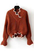 Women Winter Fashion V-Neck Thick Long Sleeve Elasticated Waist Pullover Casual Sweater