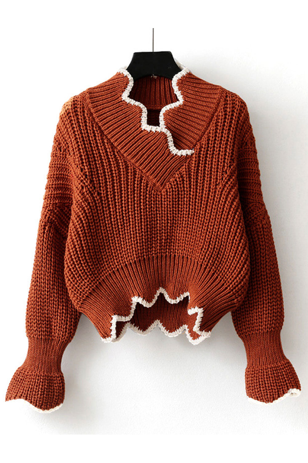 Women Winter Fashion V-Neck Thick Long Sleeve Elasticated Waist Pullover Casual Sweater