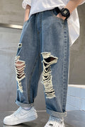 Kids Boys Comfortable Mid-Waist Ripped Fashion Loose & Restful Summer Denim Jeans