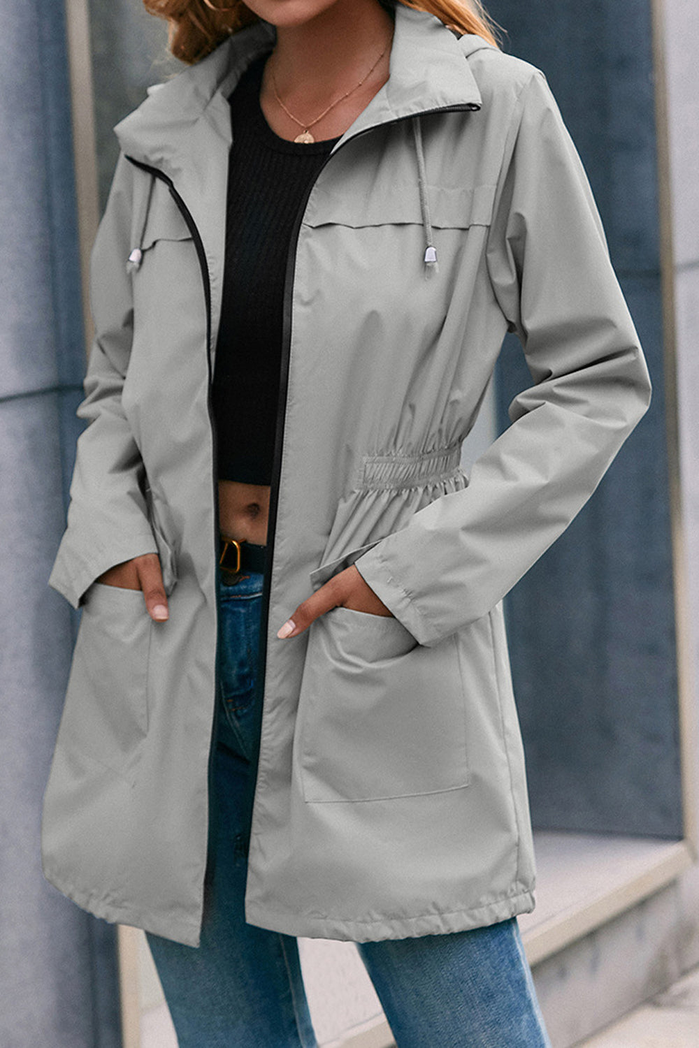 Women Dazzling Solid Colored Flap Pockets Superb Long Sleeve Hat Neck Winter Casual Jacket