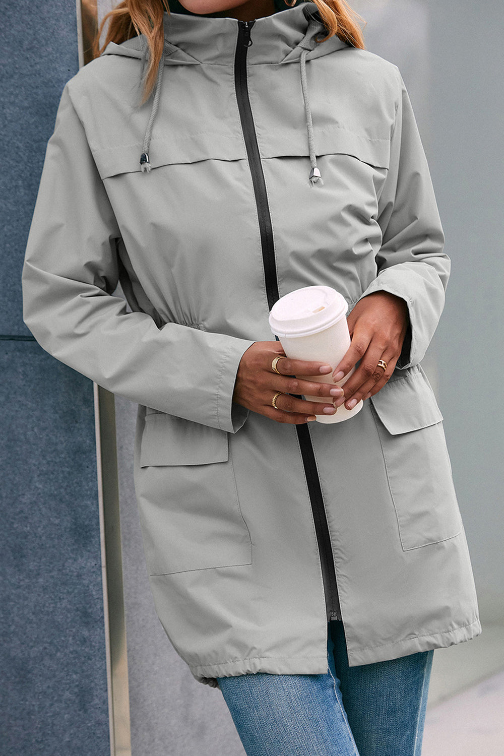 Women Dazzling Solid Colored Flap Pockets Superb Long Sleeve Hat Neck Winter Casual Jacket