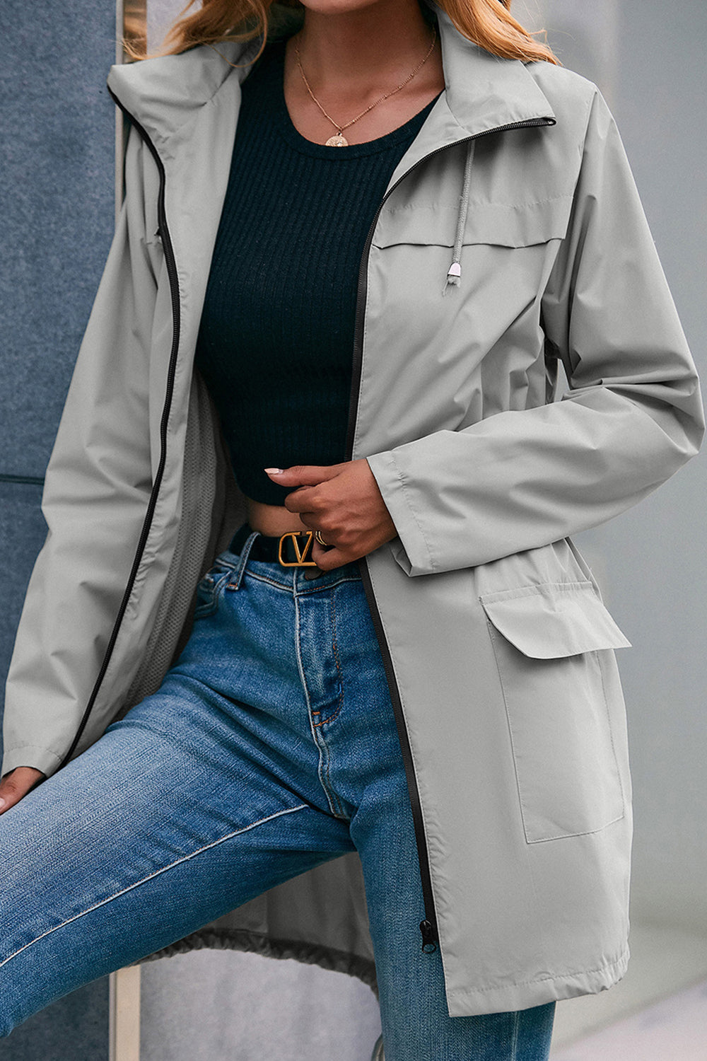 Women Dazzling Solid Colored Flap Pockets Superb Long Sleeve Hat Neck Winter Casual Jacket