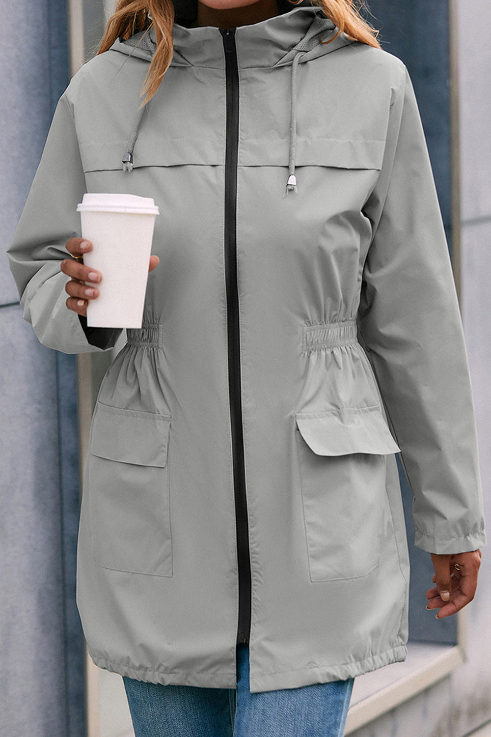 Women Dazzling Solid Colored Flap Pockets Superb Long Sleeve Hat Neck Winter Casual Jacket