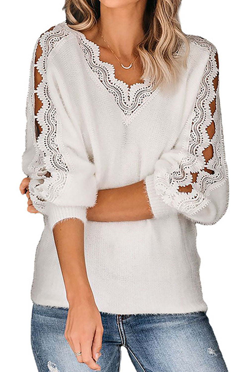 Women Wonderful Solid Colored Hollow Ribbed Cuff Easy V-Neck Winter Pullover Weekend Sweater