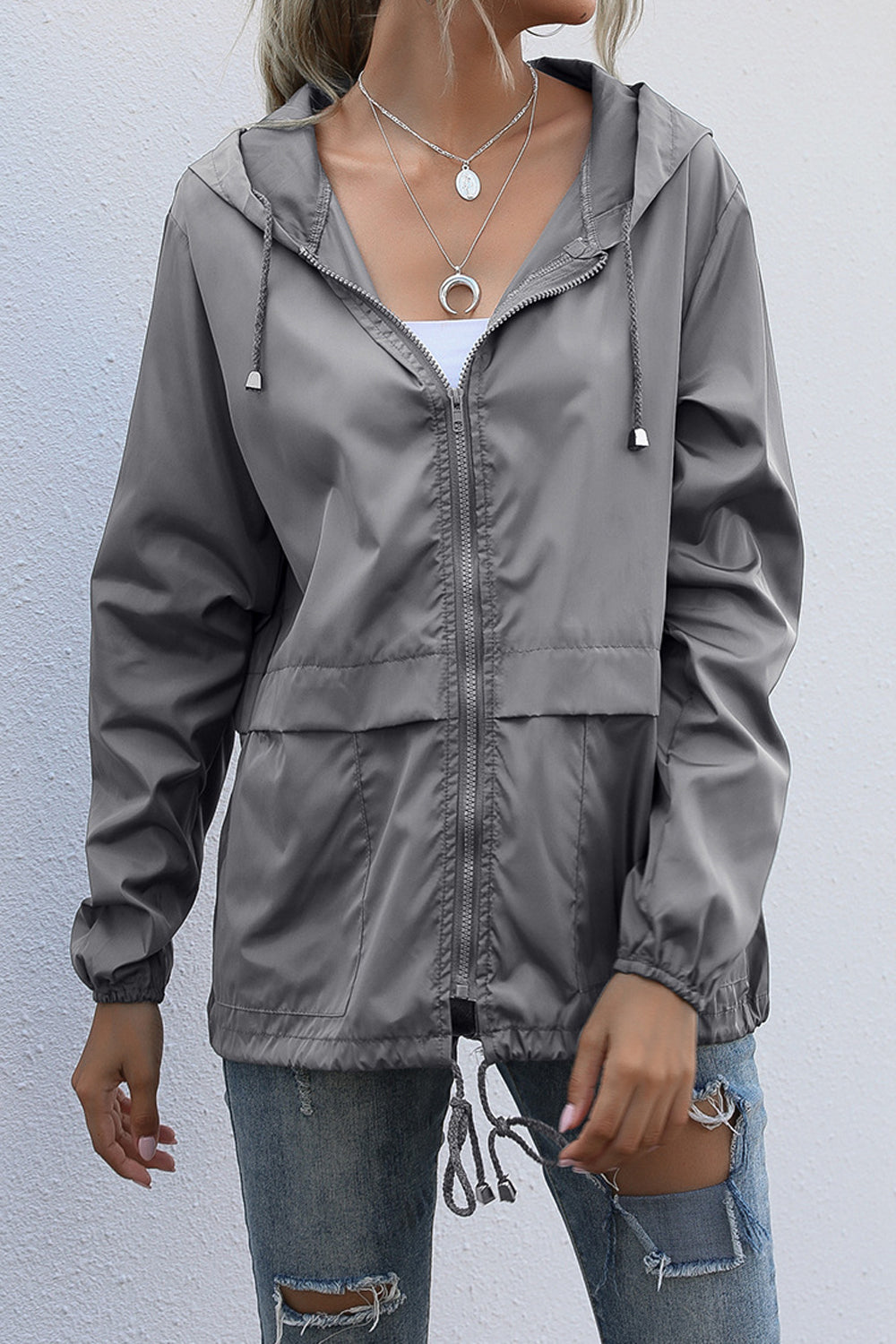 Women Outdoor Fashion Elegent Solid Colored Restful Long Sleeve Hooded Neck Zipper Casual Jacket