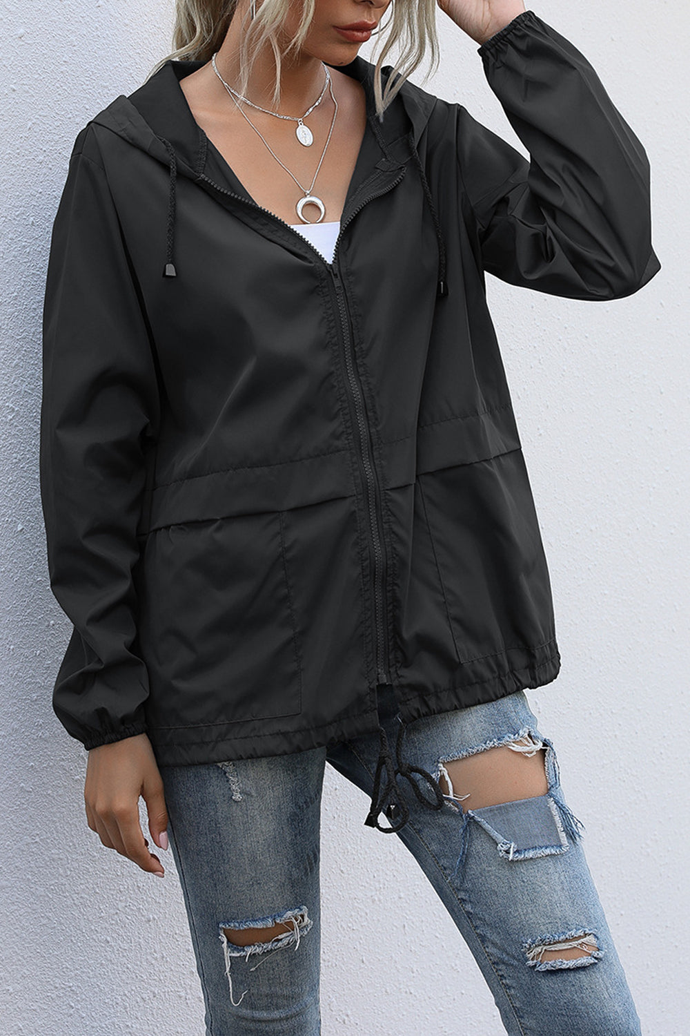 Women Outdoor Fashion Elegent Solid Colored Restful Long Sleeve Hooded Neck Zipper Casual Jacket