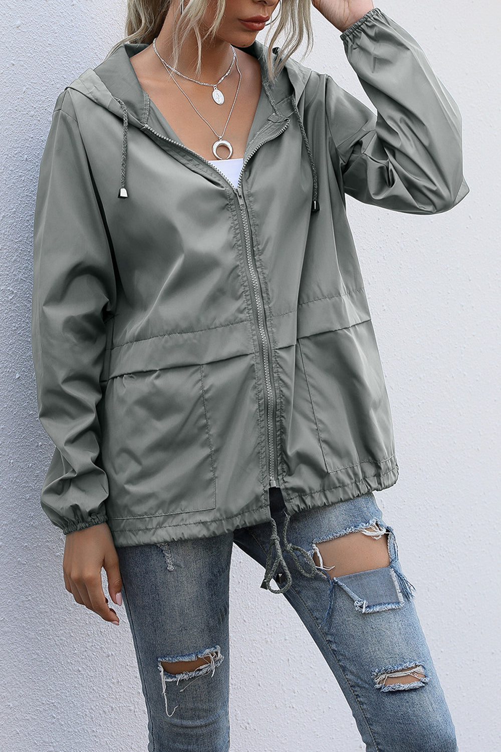 Women Outdoor Fashion Elegent Solid Colored Restful Long Sleeve Hooded Neck Zipper Casual Jacket