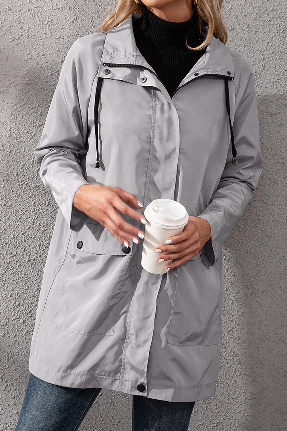 Women Thick Long Sleeve Splendid Solid Colored Zipper Styled Drawstring Hooded Neck Casual Jacket