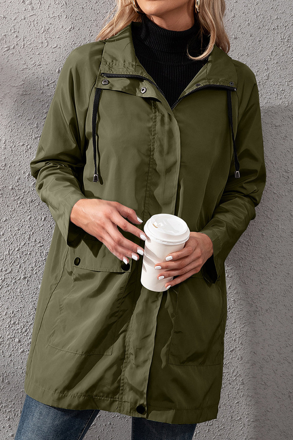 Women Thick Long Sleeve Splendid Solid Colored Zipper Styled Drawstring Hooded Neck Casual Jacket