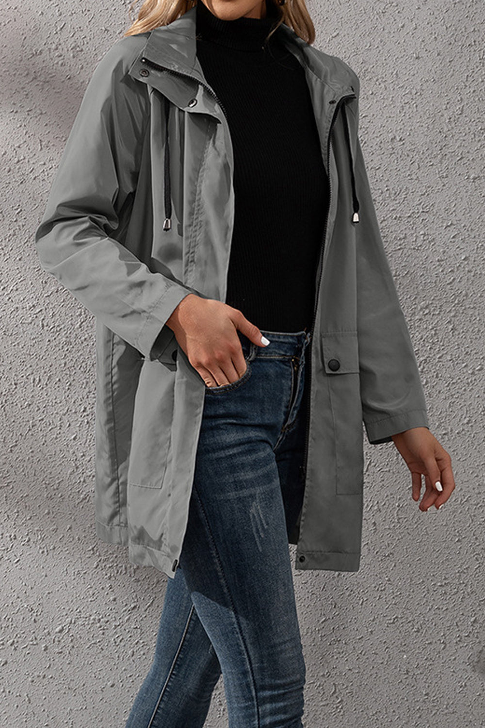 Women Thick Long Sleeve Splendid Solid Colored Zipper Styled Drawstring Hooded Neck Casual Jacket