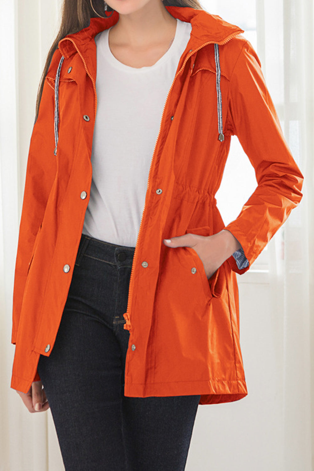 Women Mid-Length Fashion Restful Long Sleeve Adjustable Hat Neck Elegant Solid Colored Casual Jacket
