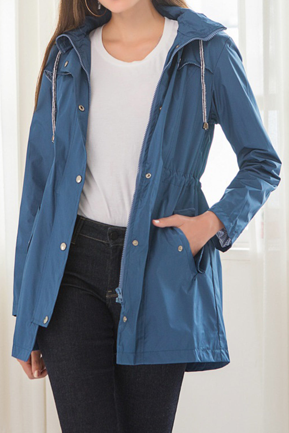 Women Mid-Length Fashion Restful Long Sleeve Adjustable Hat Neck Elegant Solid Colored Casual Jacket