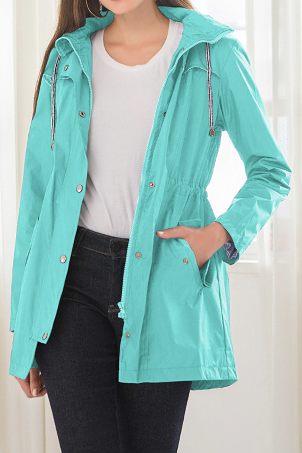 Women Mid-Length Fashion Restful Long Sleeve Adjustable Hat Neck Elegant Solid Colored Casual Jacket