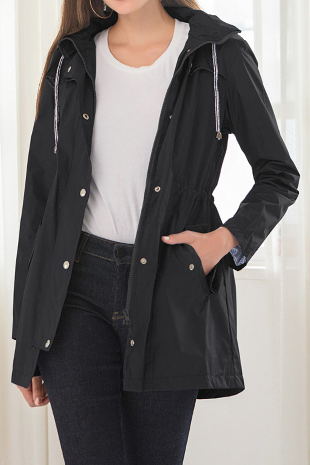 Women Mid-Length Fashion Restful Long Sleeve Adjustable Hat Neck Elegant Solid Colored Casual Jacket