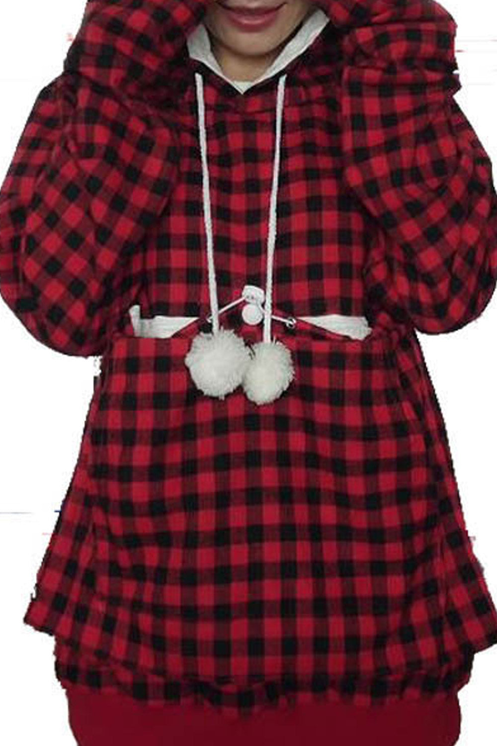 Women Plaid Pattern Elastic Waist Hoodie