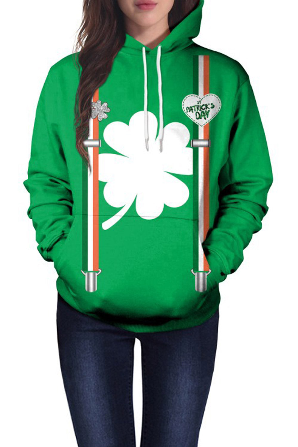 Women Green 3D Print Loose Hoodie