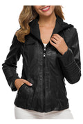 Women Awesome Drawstring Hooded Long Sleeve Multiple Zips & Pockets Styled Leather Jacket