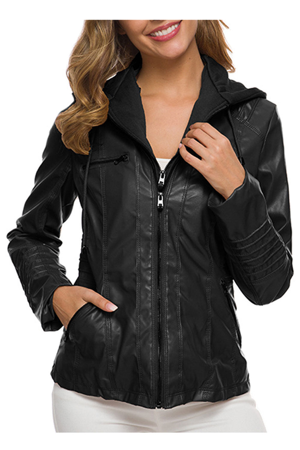 Women Awesome Drawstring Hooded Long Sleeve Multiple Zips & Pockets Styled Leather Jacket