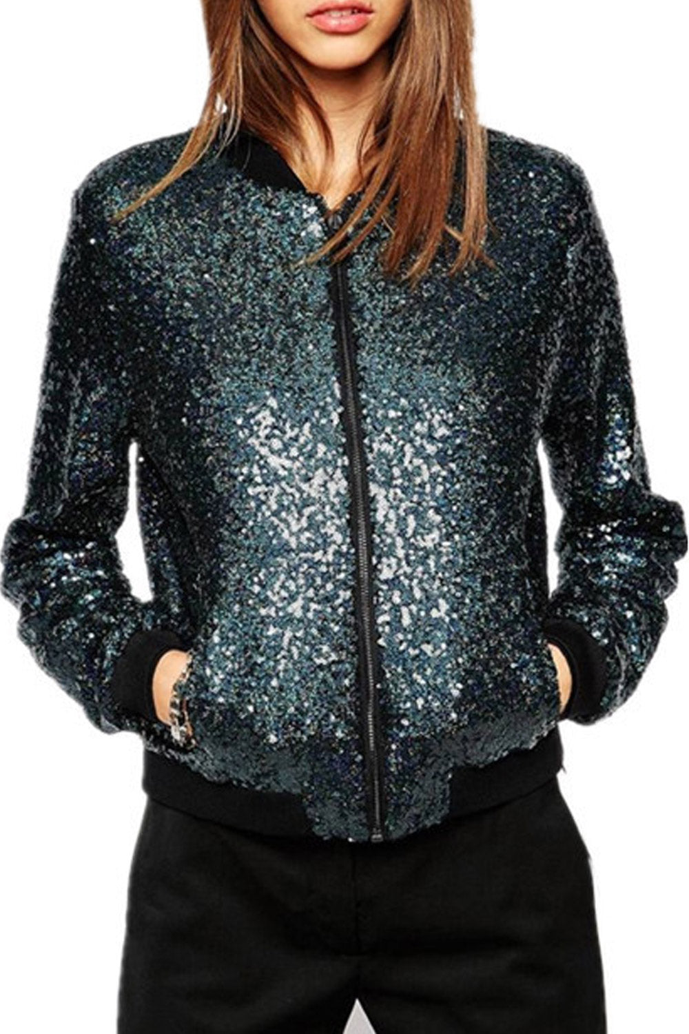 Women Long Sleeve Sequins Decorated Jacket