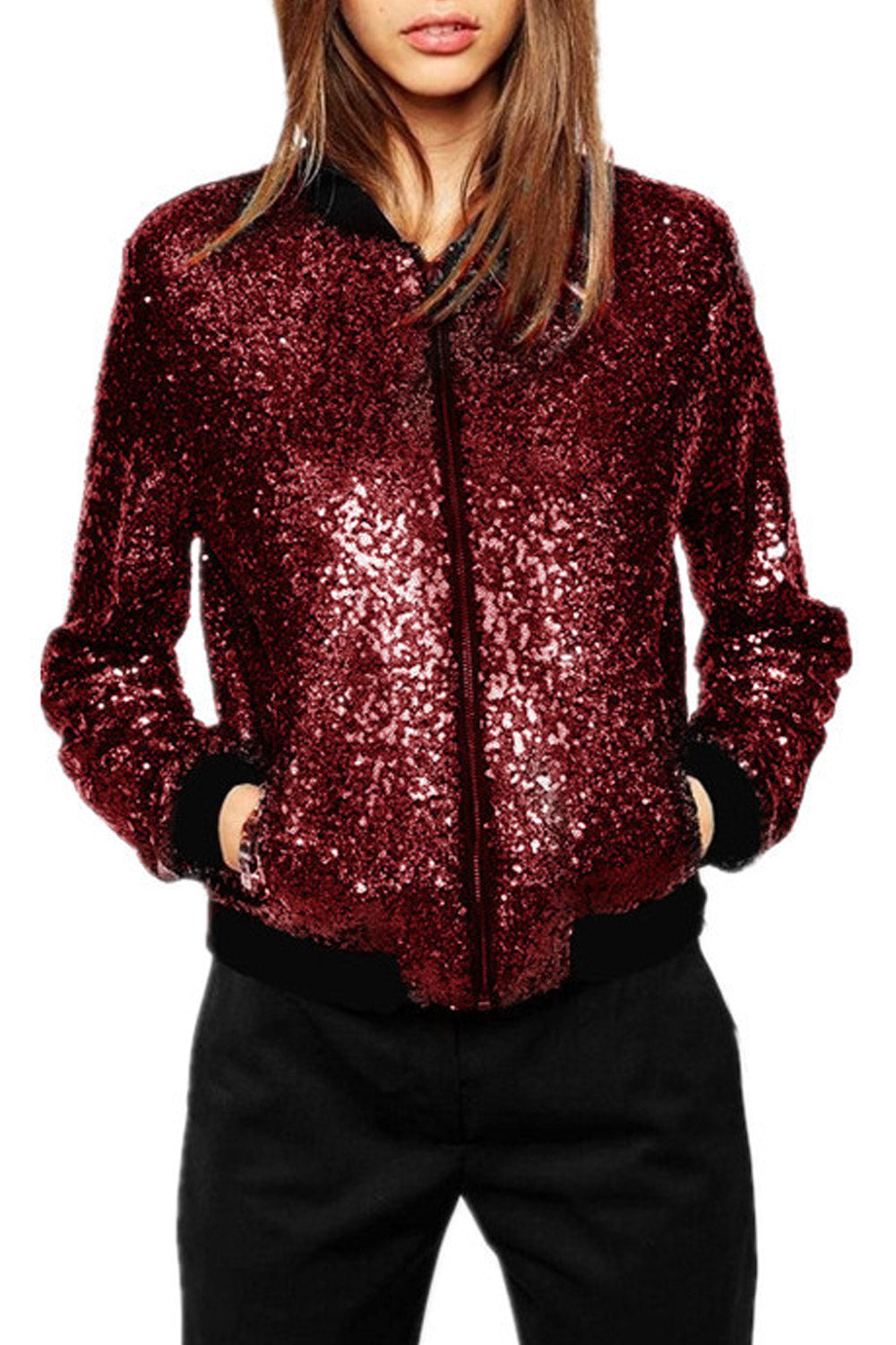 Women Long Sleeve Sequins Decorated Jacket