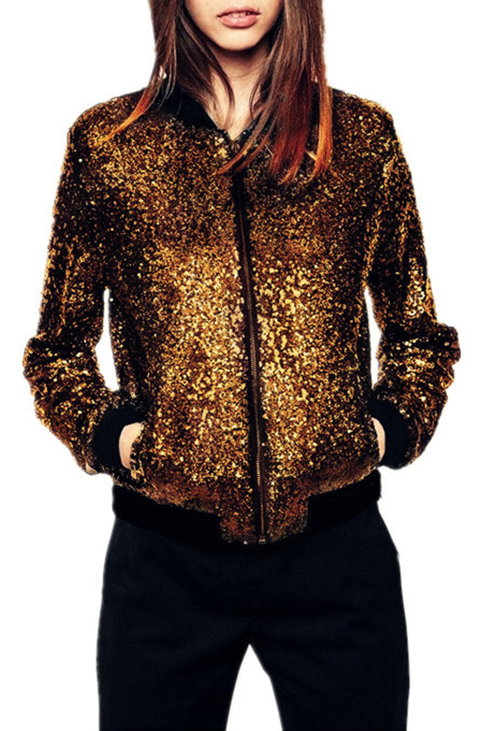 Women Long Sleeve Sequins Decorated Jacket