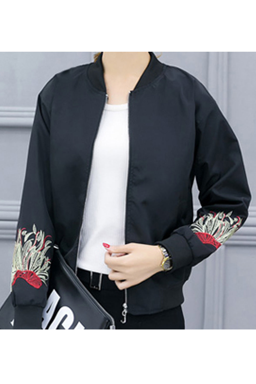 Women Lovely Embroided Sleeves Zipper Closure Jacket