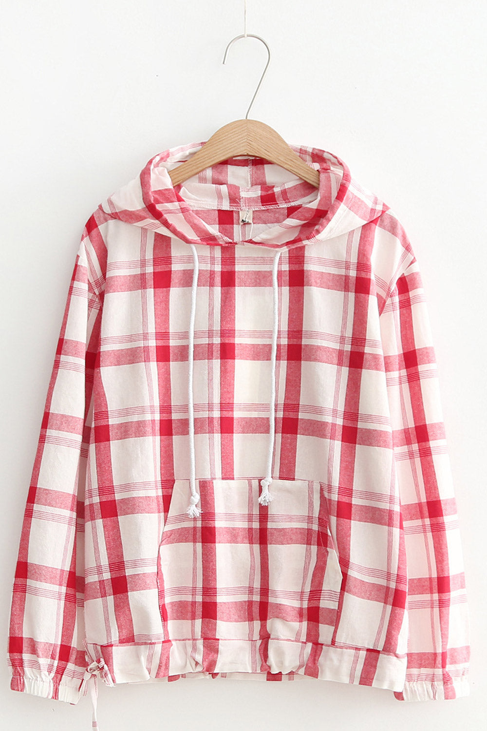 Women Plaid Design Loose Cotton Hoodie