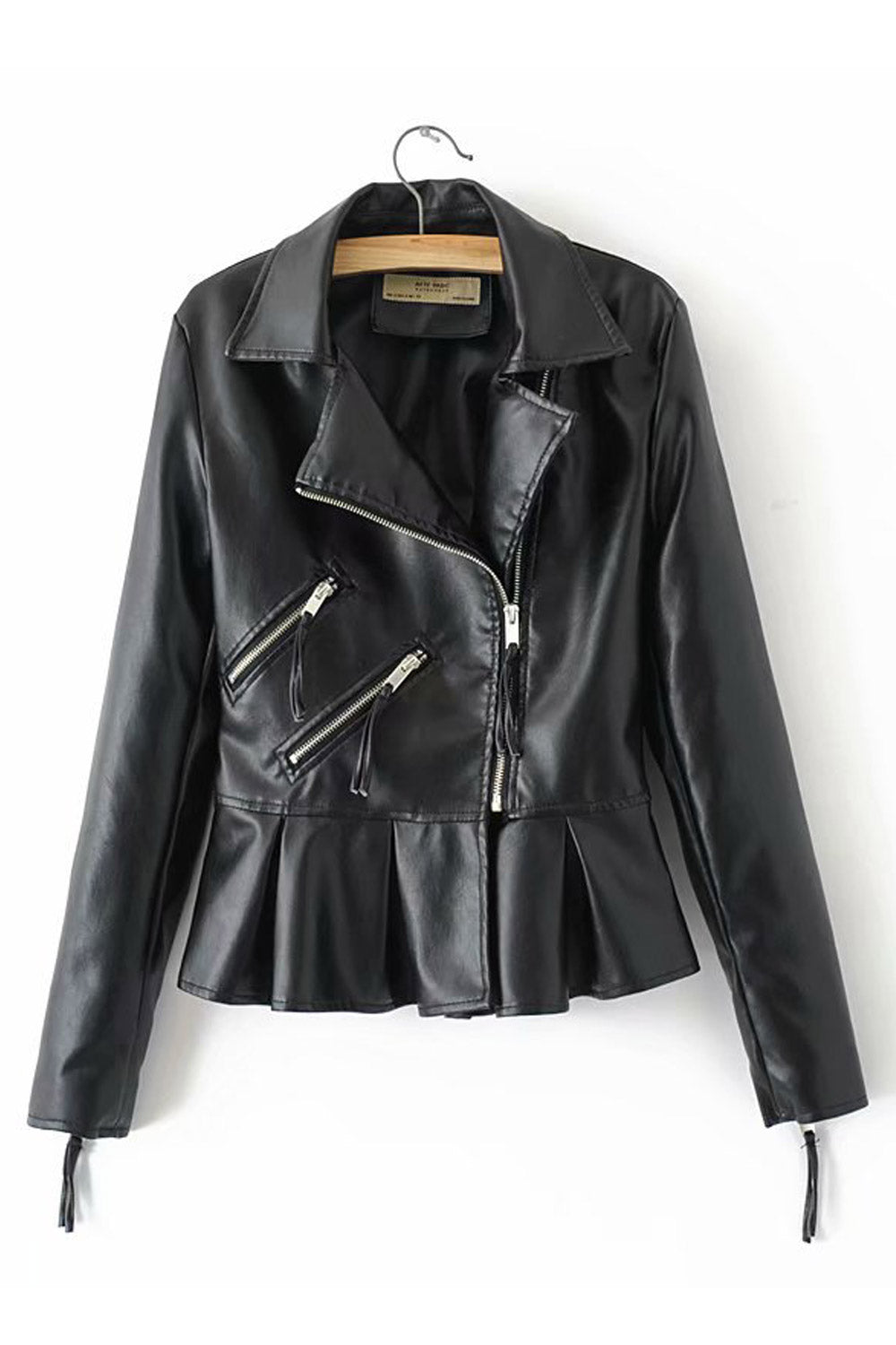 Women Classy Pleated Hem Leather Jacket