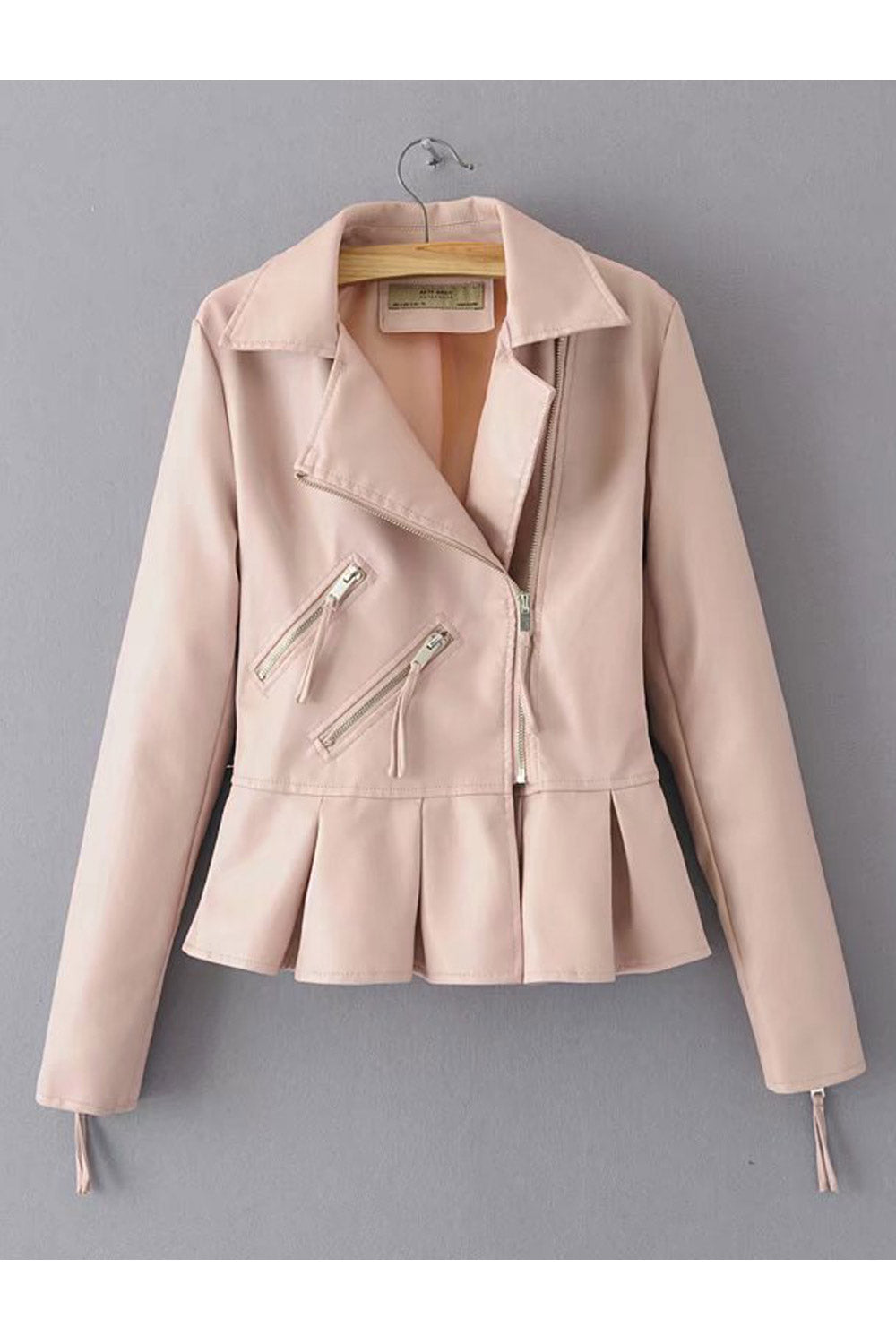 Women Classy Pleated Hem Leather Jacket