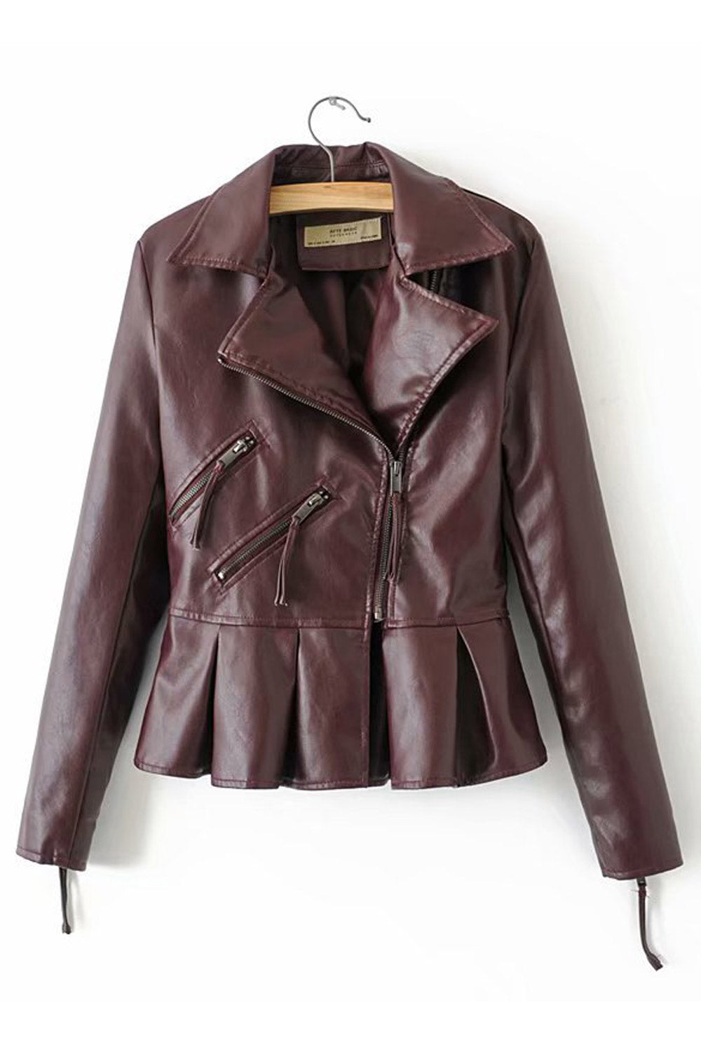 Women Classy Pleated Hem Leather Jacket