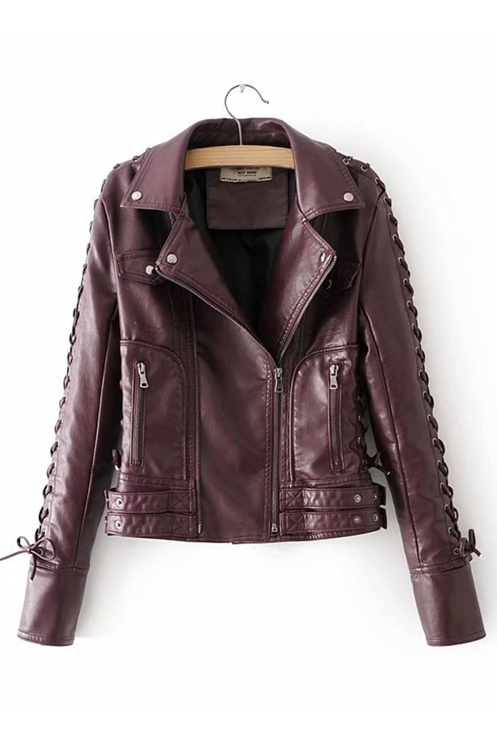 Women Winter Warm Cross Strap Sleeve Leather Jacket