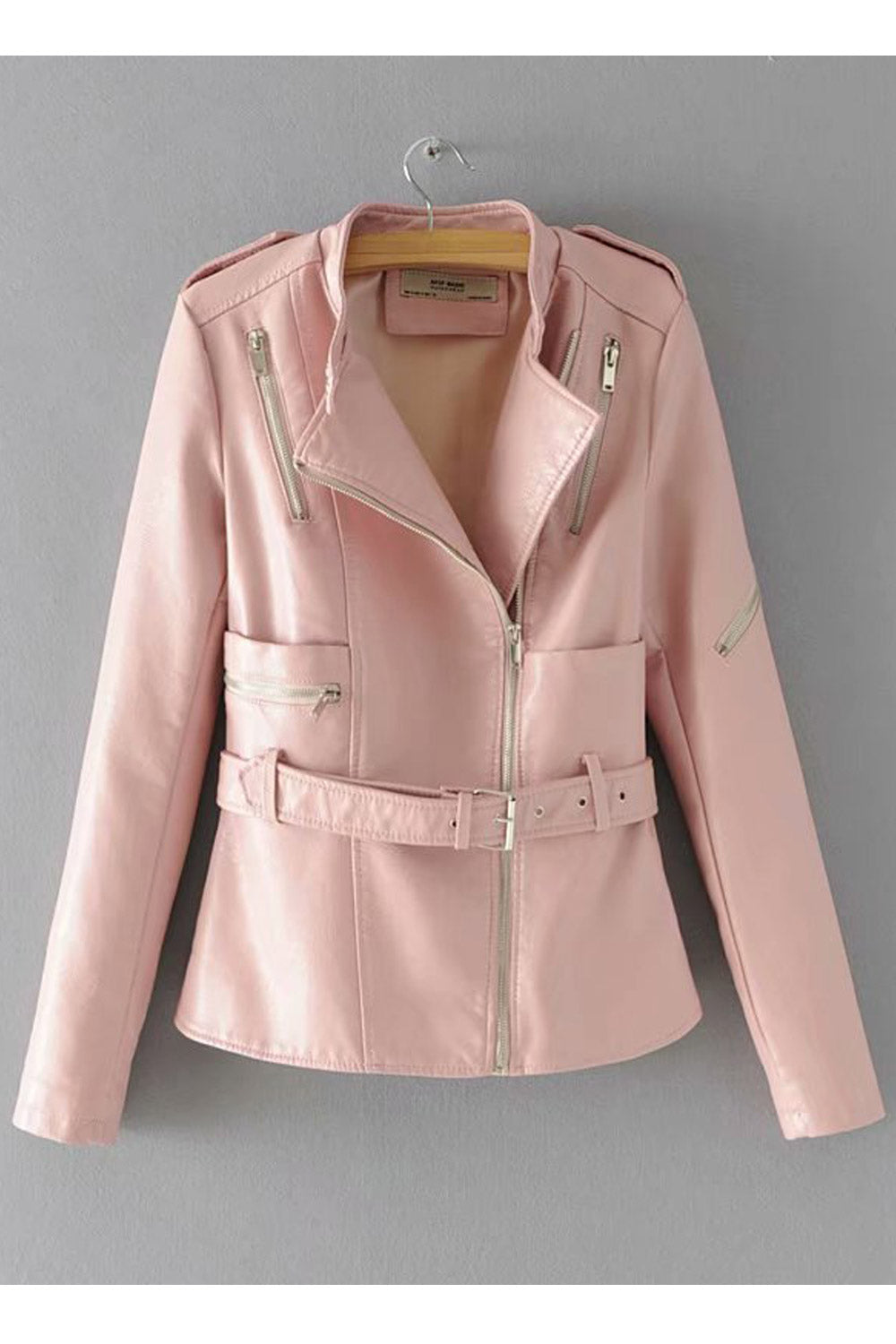 Women Elegant Small Collar Belt Zipper Closure Jacket