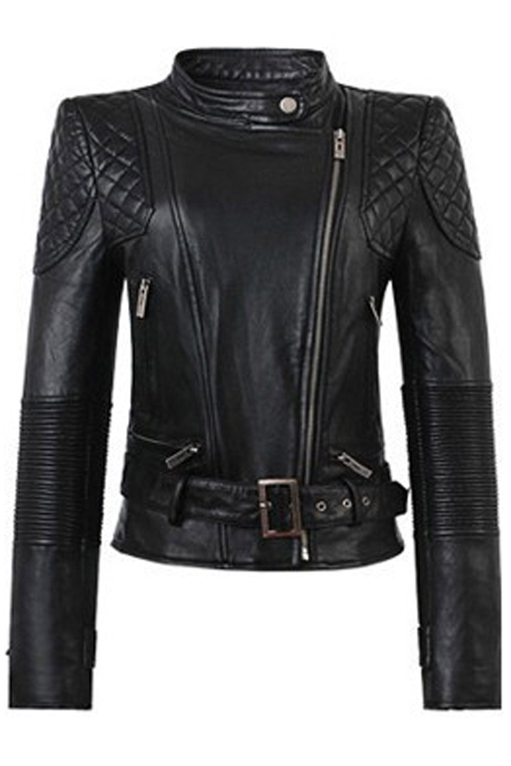 Women Beautiful Pleated Sleeves Leather Jacket