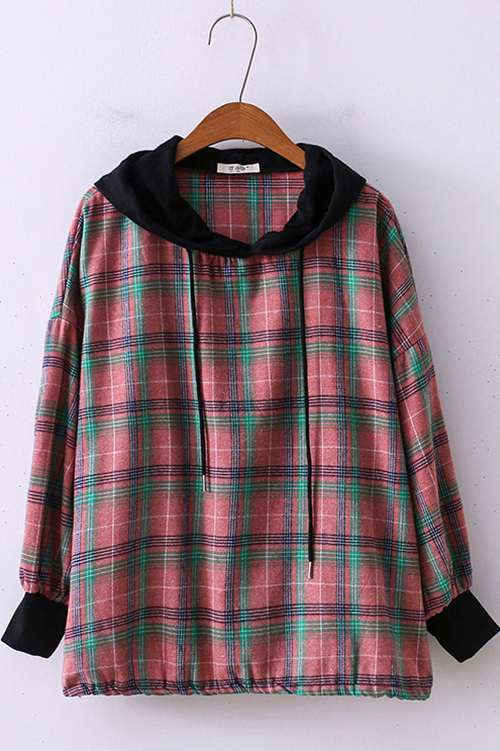 Women Casual Plaid Ribbed Cuff Casual Hoodie
