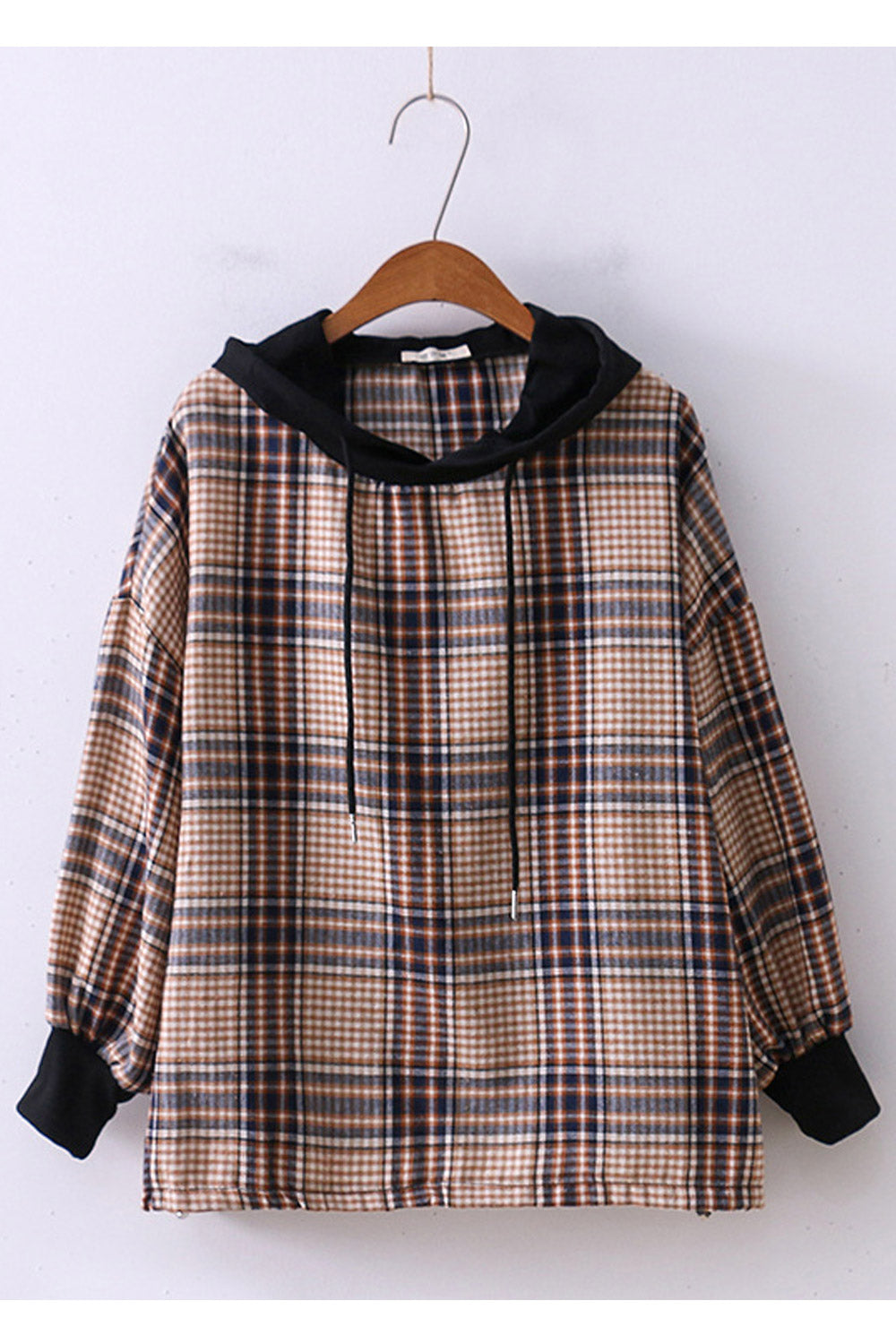 Women Casual Plaid Ribbed Cuff Casual Hoodie