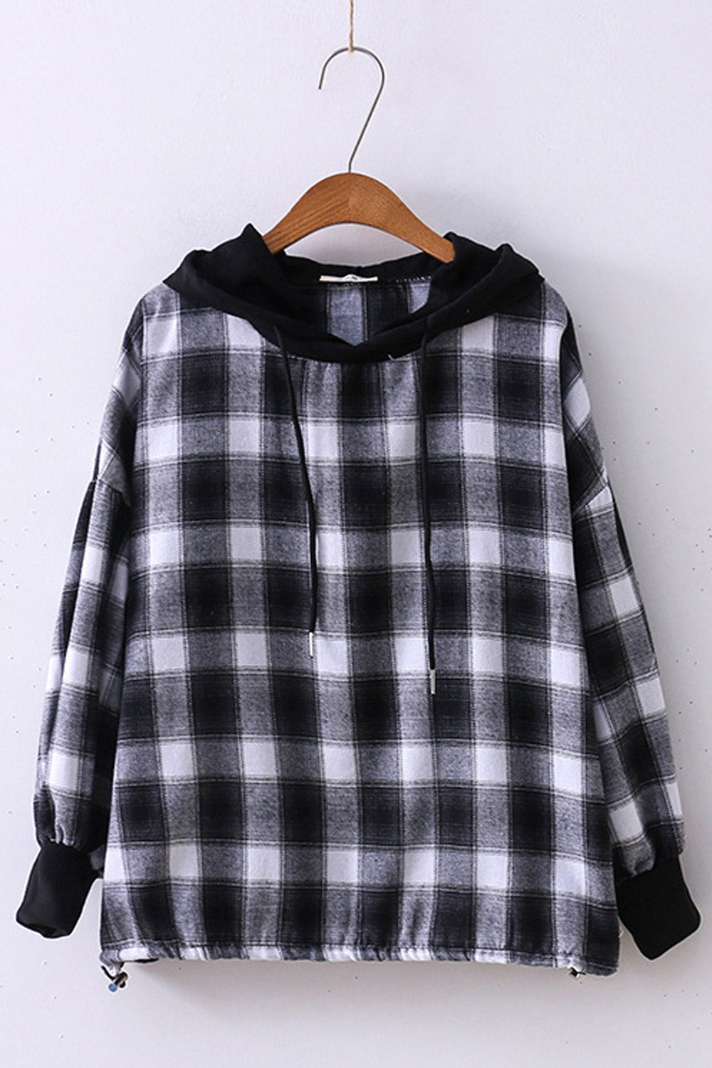 Women Casual Plaid Ribbed Cuff Casual Hoodie