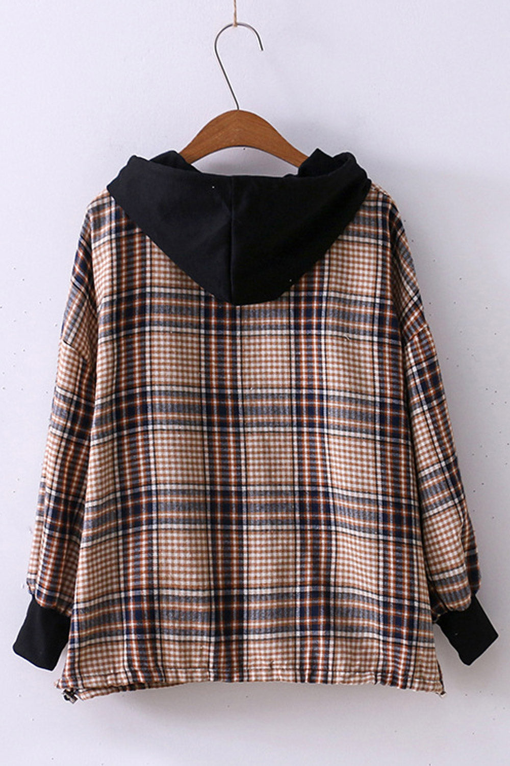 Women Casual Plaid Ribbed Cuff Casual Hoodie