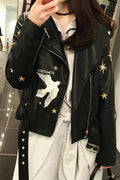 Women Elegant Embroidered Casual Leather Jacket