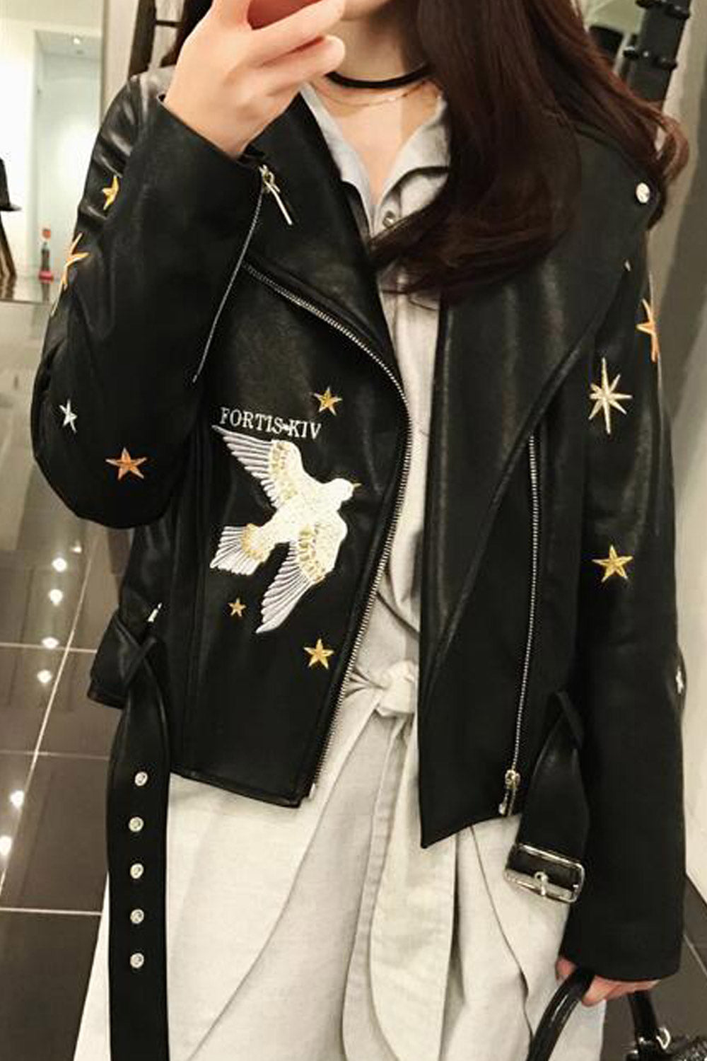 Women Elegant Embroidered Casual Leather Jacket