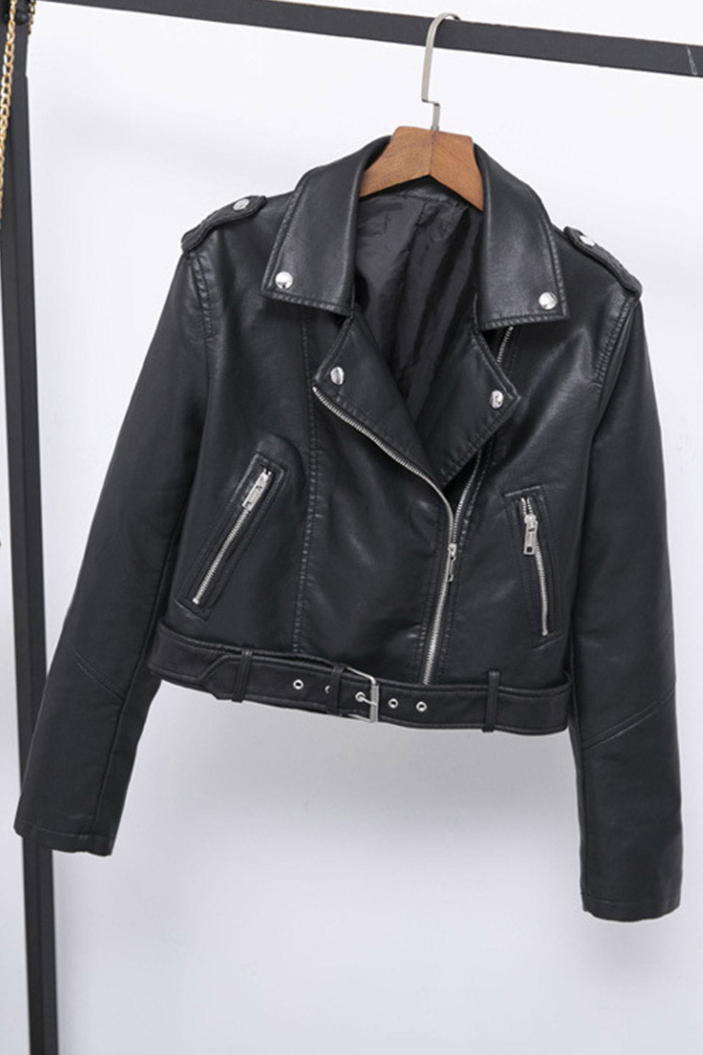 Women Lovely Short Belt Simple Leather Jacket