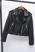 Women Lovely Short Belt Simple Leather Jacket