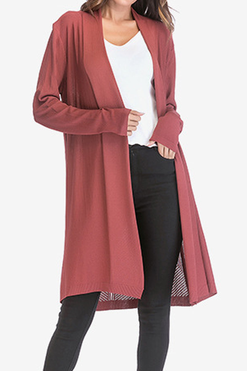 Women Solid Pattern Above The Knee Front Open Warm Knitted Winter Cardigan
