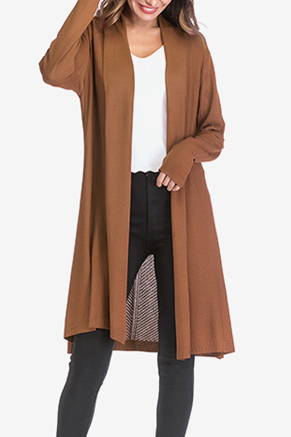 Women Solid Pattern Above The Knee Front Open Warm Knitted Winter Cardigan