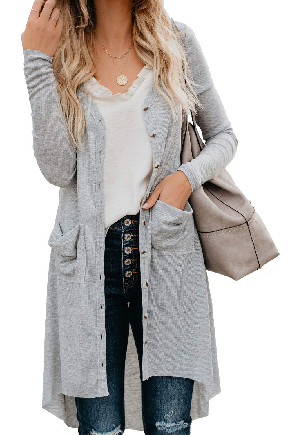 Women Good-Looking Solid Pattern Button Closure Above The Knee Warm Knitted Winter Cardigan