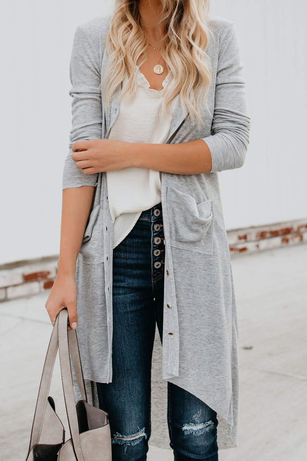 Women Good-Looking Solid Pattern Button Closure Above The Knee Warm Knitted Winter Cardigan