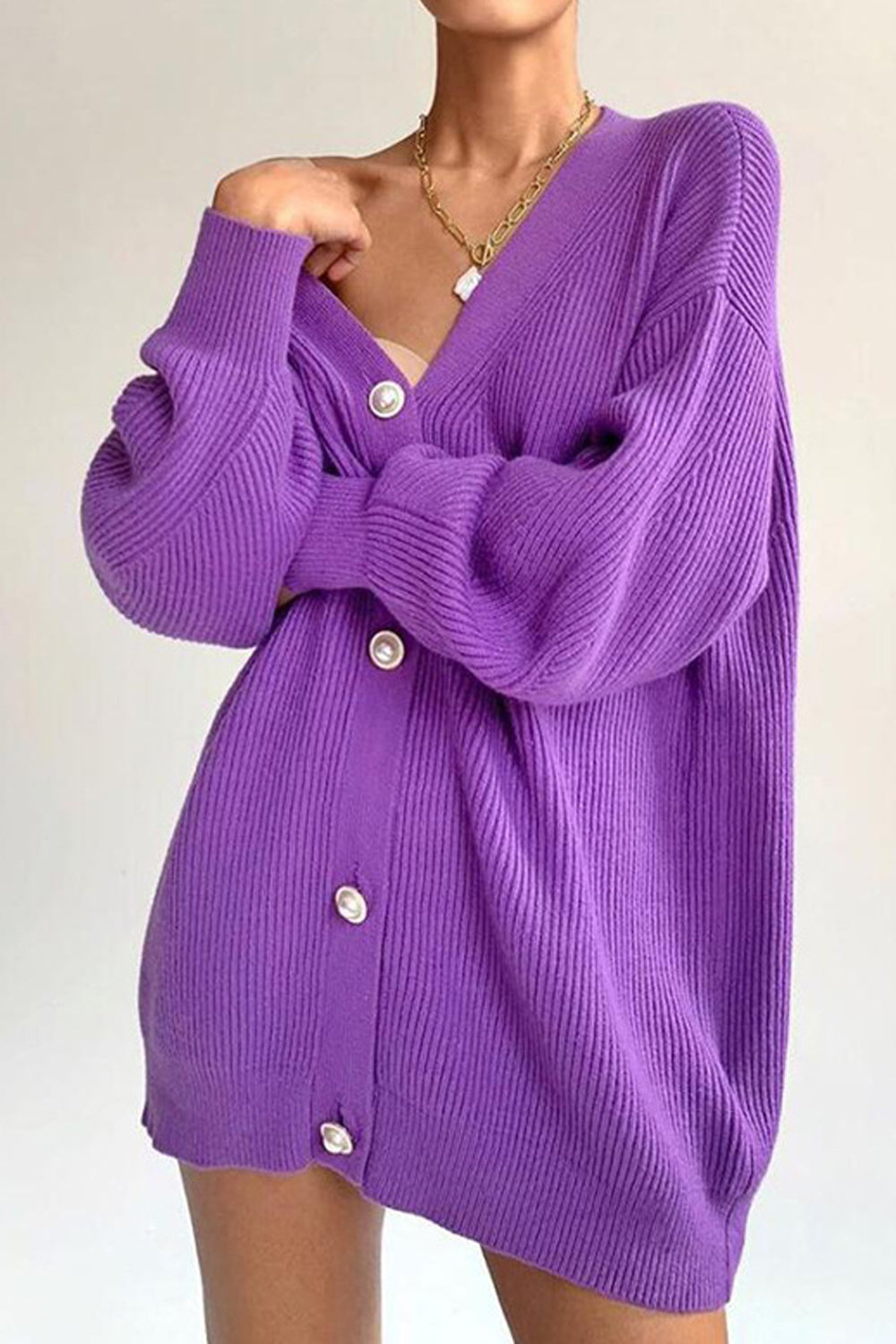 Women Fabulous Bishop Sleeves Button Closure V-Neck Loose Fit Knitted Warm Cardigan